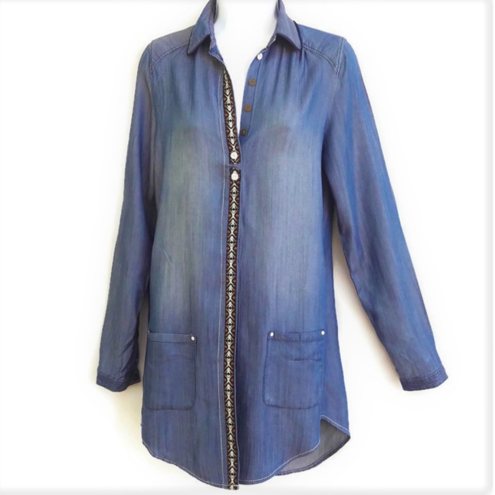 Miss Me Shirt Dress Chambray Embroidered Trim Decorative Buttons Pockets XS - Picture 2 of 8